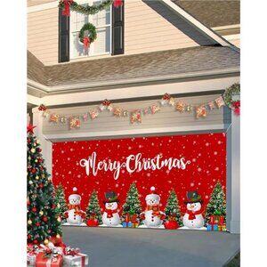 Christmas Garage Door Banner 7 x 8 ft, Snowman Xmas Trees Snow Red Background